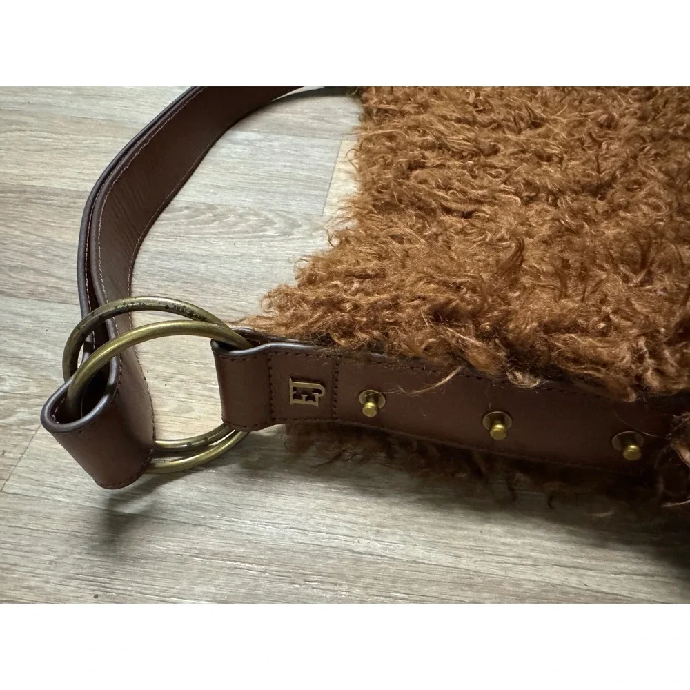 Eric Javits Brown Faux Fur Hobo Bag Leather Trim Adjustable Strap Shoulder Bag